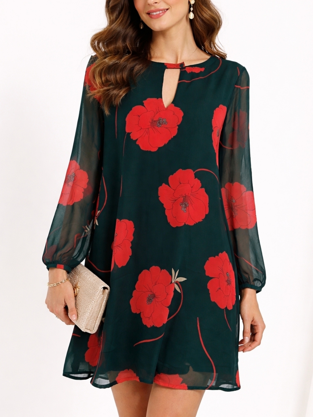 Floral Print Mini Dress Long Sleeve A Line Chiffon Lined Teal Orange Size S NEW